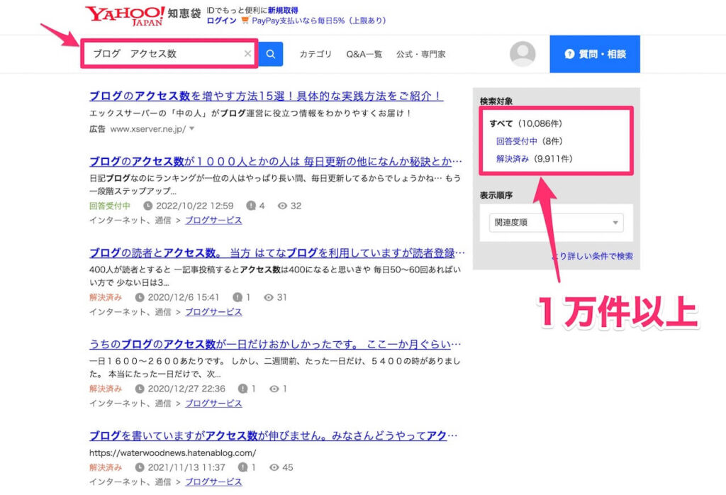Yahoo!知恵袋：「ブログ アクセス数」で検索した例